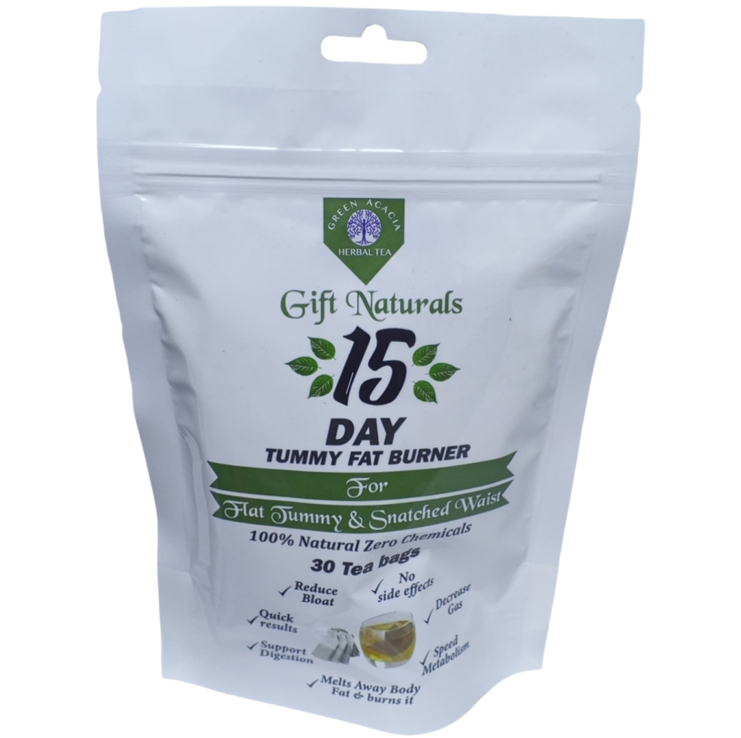 Gift Naturals 15 Day Tummy Fat Burner Tea pouch — natural herbal tea for flat tummy, reduces belly fat, bloating and love handles. Made in Kenya.